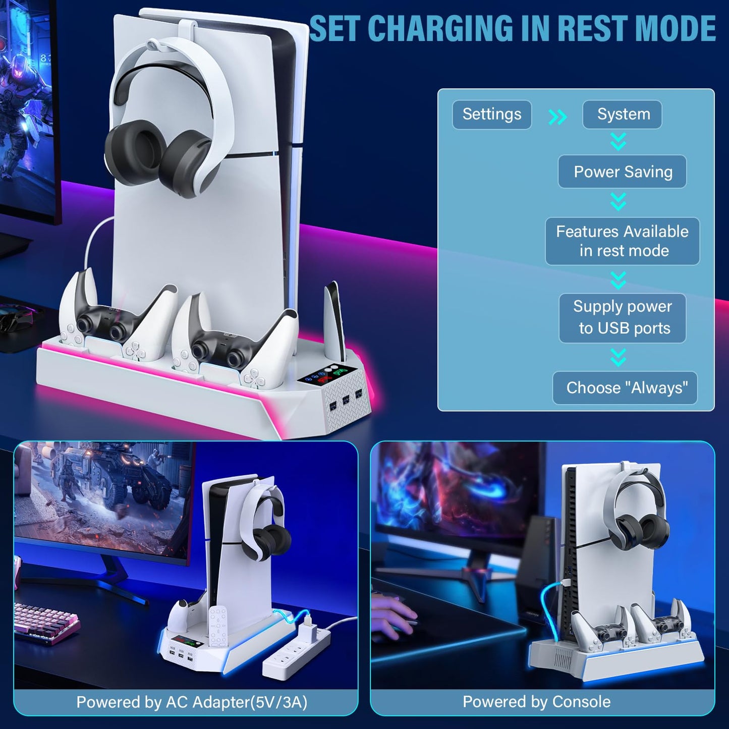 PS5 Pro Stand and Cooling Station with Dual Controller Charging Station for PS5 Console, PS5 Accessories Incl. Controller Charger, Cooling Fan, Headset Holder, 3 USB Hub, White