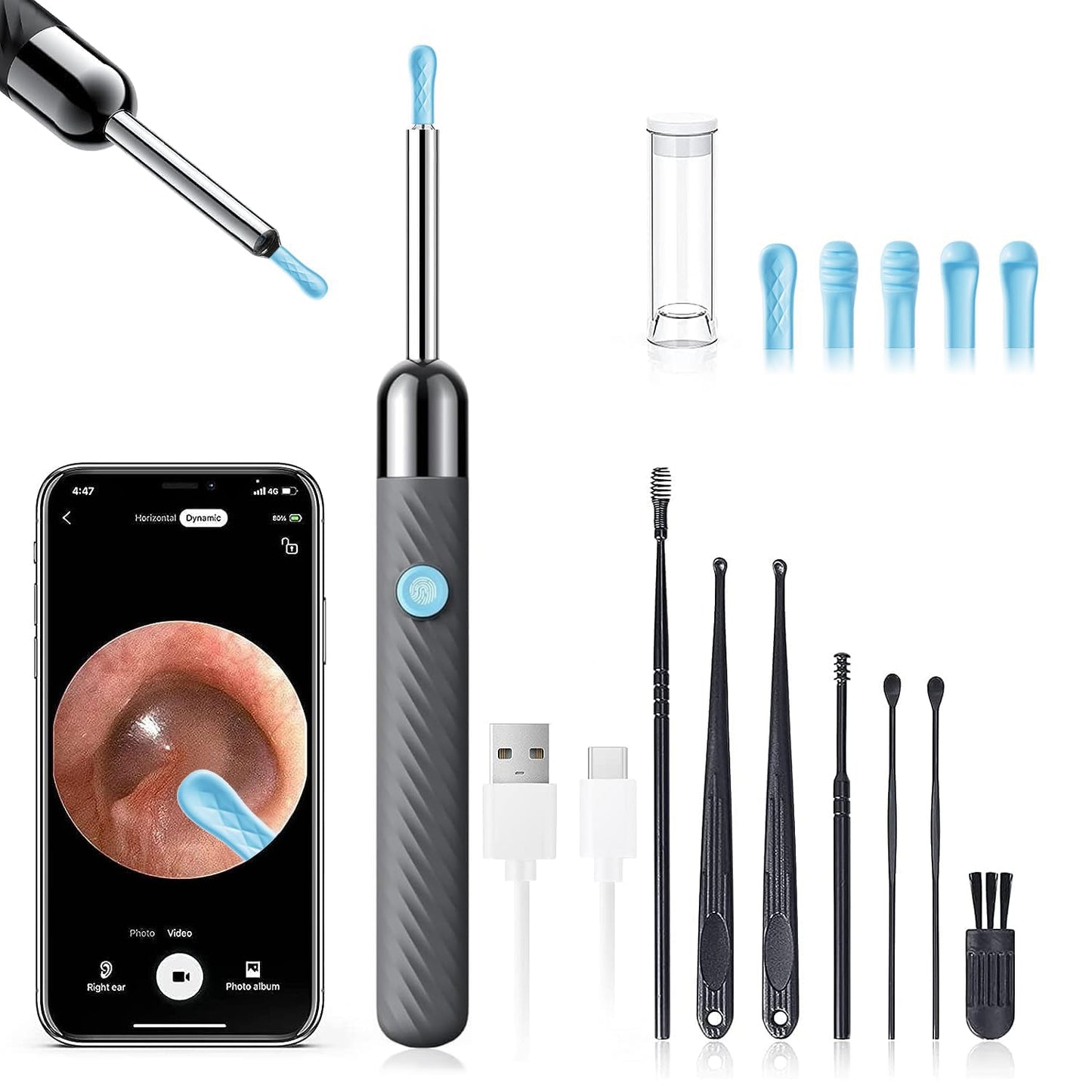 Ear Wax Removal - Earwax Remover Tool with 8 Pcs Ear Set - Ear Canal Cleaner with 1080P Camera - FSA HSA Eligible - Ear Cleaning Kit with 6 Ear Spoon - Ear Camera for iOS & Android (Black)