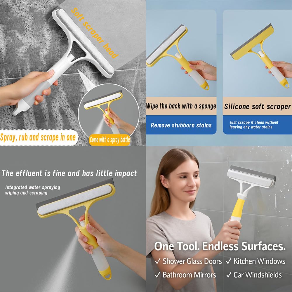 3 in 1 Window Cleaning Scraper, Squeegee with Sprayer, 3 in 1 Window Cleaner Squeegee with Rubber Blade for Shower, Car, Mirror, Home Windows, All-in-One Cleaner Tool