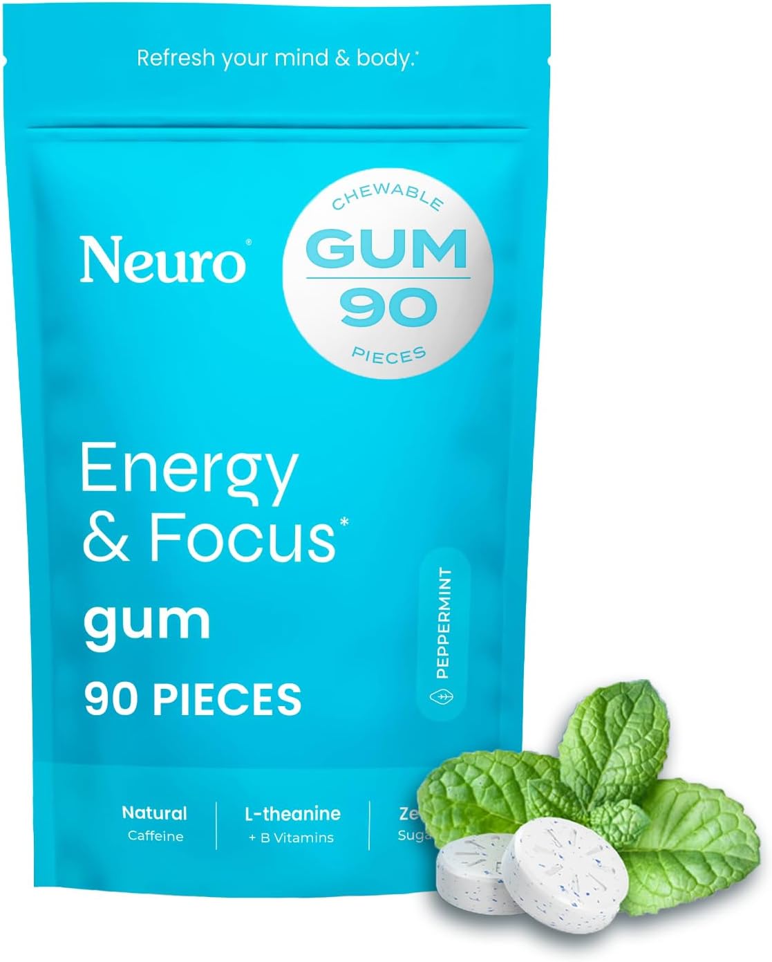 Energy & Focus Gum (90 Count Bag, Peppermint) | 40mg Natural Caffeine + L-Theanine + Vitamin B12 & B6 + Xylitol | Sugar Free Nootropic Cognitive Brain Performance Supplement