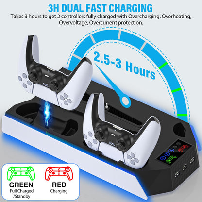 PS5 Pro Stand and Cooling Station with Dual Controller Charging Station for PS5 Console, PS5 Accessories Incl. Controller Charger, Cooling Fan, Headset Holder, 3 USB Hub, White