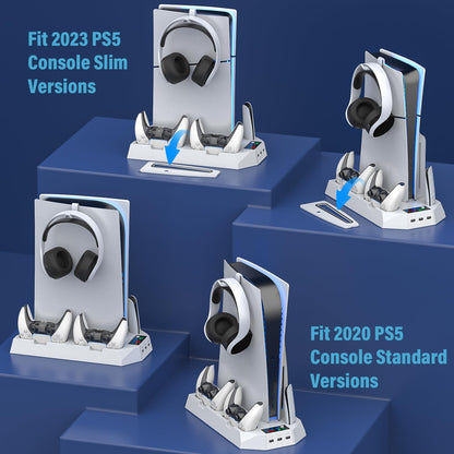 PS5 Pro Stand and Cooling Station with Dual Controller Charging Station for PS5 Console, PS5 Accessories Incl. Controller Charger, Cooling Fan, Headset Holder, 3 USB Hub, White
