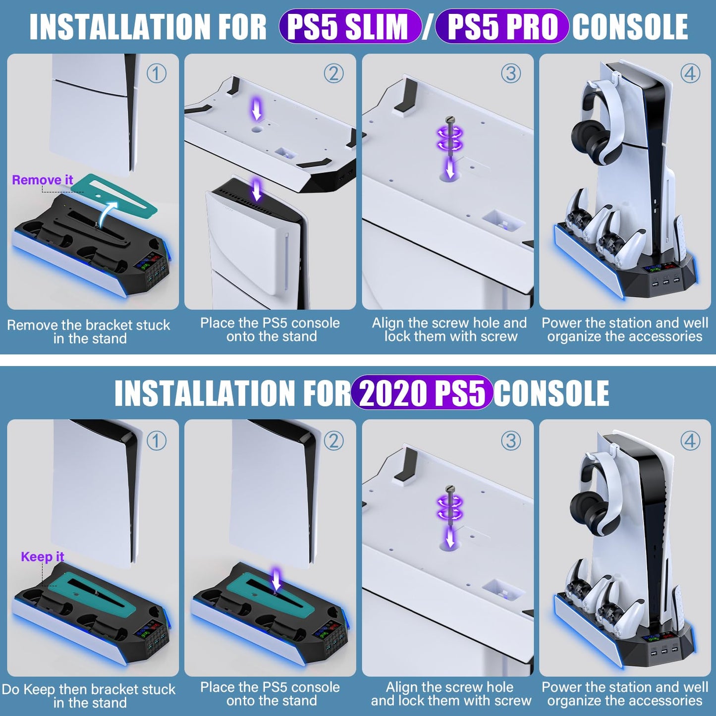 PS5 Pro Stand and Cooling Station with Dual Controller Charging Station for PS5 Console, PS5 Accessories Incl. Controller Charger, Cooling Fan, Headset Holder, 3 USB Hub, White