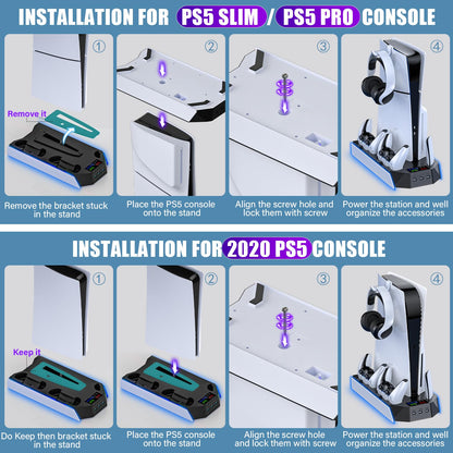 PS5 Pro Stand and Cooling Station with Dual Controller Charging Station for PS5 Console, PS5 Accessories Incl. Controller Charger, Cooling Fan, Headset Holder, 3 USB Hub, White