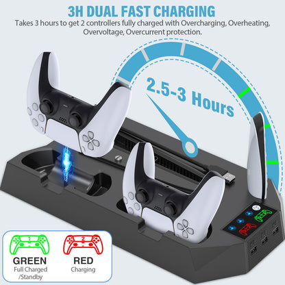 PS5 Pro Stand and Cooling Station with Dual Controller Charging Station for PS5 Console, PS5 Accessories Incl. Controller Charger, Cooling Fan, Headset Holder, 3 USB Hub, White