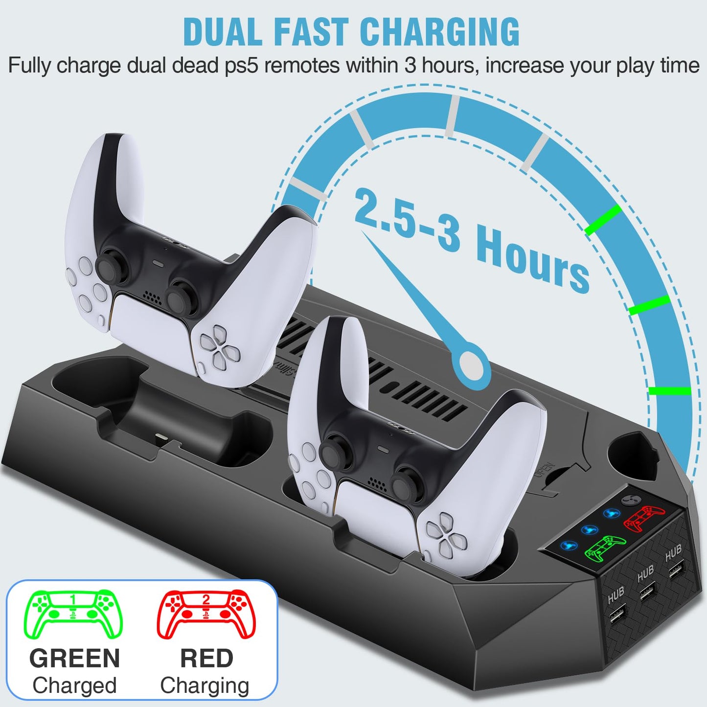 PS5 Pro Stand and Cooling Station with Dual Controller Charging Station for PS5 Console, PS5 Accessories Incl. Controller Charger, Cooling Fan, Headset Holder, 3 USB Hub, White