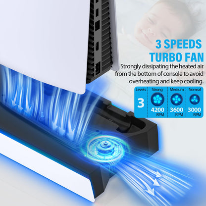 PS5 Pro Stand and Cooling Station with Dual Controller Charging Station for PS5 Console, PS5 Accessories Incl. Controller Charger, Cooling Fan, Headset Holder, 3 USB Hub, White