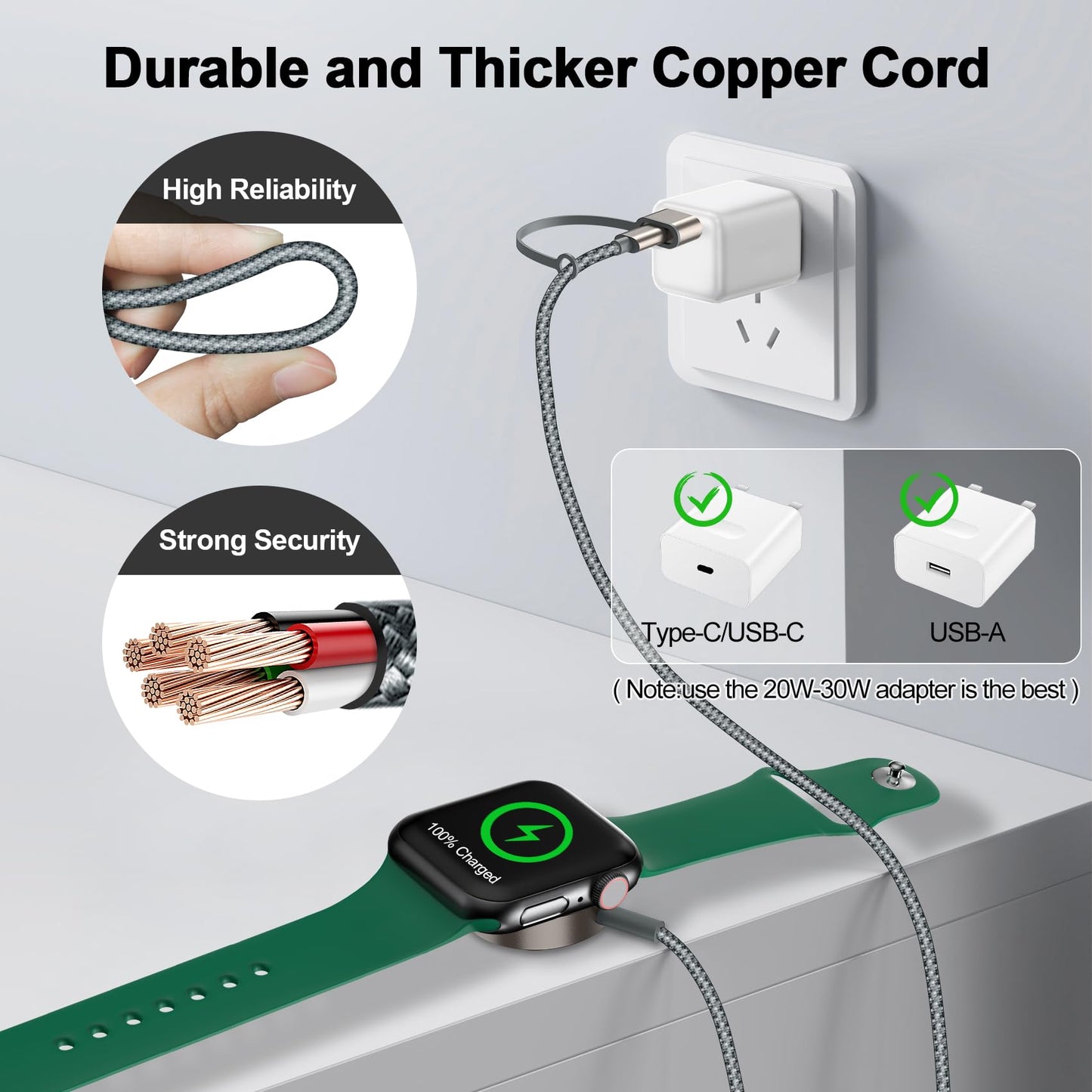 iWatch Charger Magnetic Fast Charging Cable [Portable] Magnetic Wireless Charging Compatible with iWatch Series Ultra/10/9/8/7/6/SE/5/4/3/2-[3.3FT] White