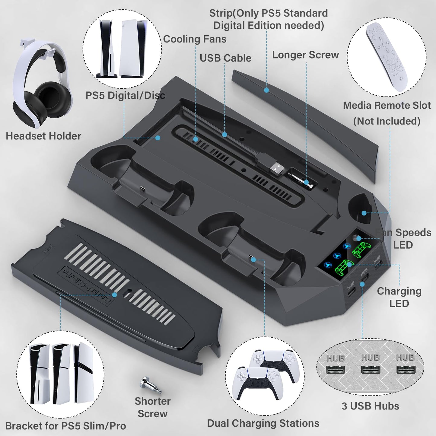 PS5 Pro Stand and Cooling Station with Dual Controller Charging Station for PS5 Console, PS5 Accessories Incl. Controller Charger, Cooling Fan, Headset Holder, 3 USB Hub, White