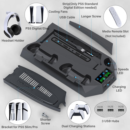 PS5 Pro Stand and Cooling Station with Dual Controller Charging Station for PS5 Console, PS5 Accessories Incl. Controller Charger, Cooling Fan, Headset Holder, 3 USB Hub, White