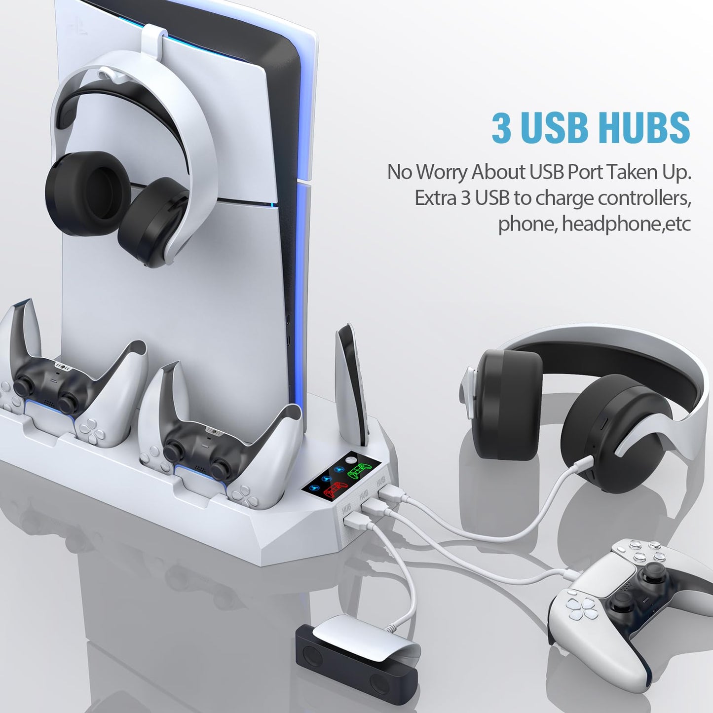 PS5 Pro Stand and Cooling Station with Dual Controller Charging Station for PS5 Console, PS5 Accessories Incl. Controller Charger, Cooling Fan, Headset Holder, 3 USB Hub, White