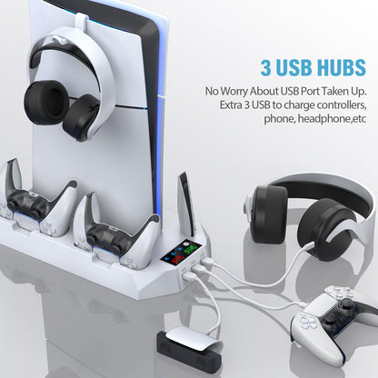 PS5 Pro Stand and Cooling Station with Dual Controller Charging Station for PS5 Console, PS5 Accessories Incl. Controller Charger, Cooling Fan, Headset Holder, 3 USB Hub, White