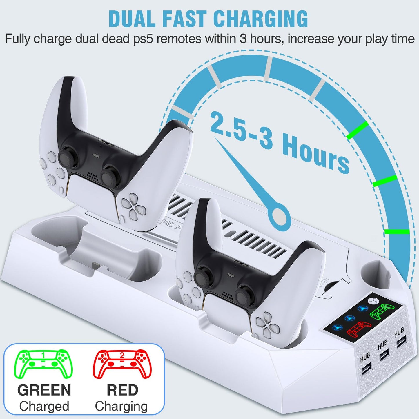 PS5 Pro Stand and Cooling Station with Dual Controller Charging Station for PS5 Console, PS5 Accessories Incl. Controller Charger, Cooling Fan, Headset Holder, 3 USB Hub, White