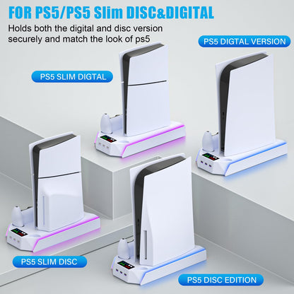 PS5 Pro Stand and Cooling Station with Dual Controller Charging Station for PS5 Console, PS5 Accessories Incl. Controller Charger, Cooling Fan, Headset Holder, 3 USB Hub, White