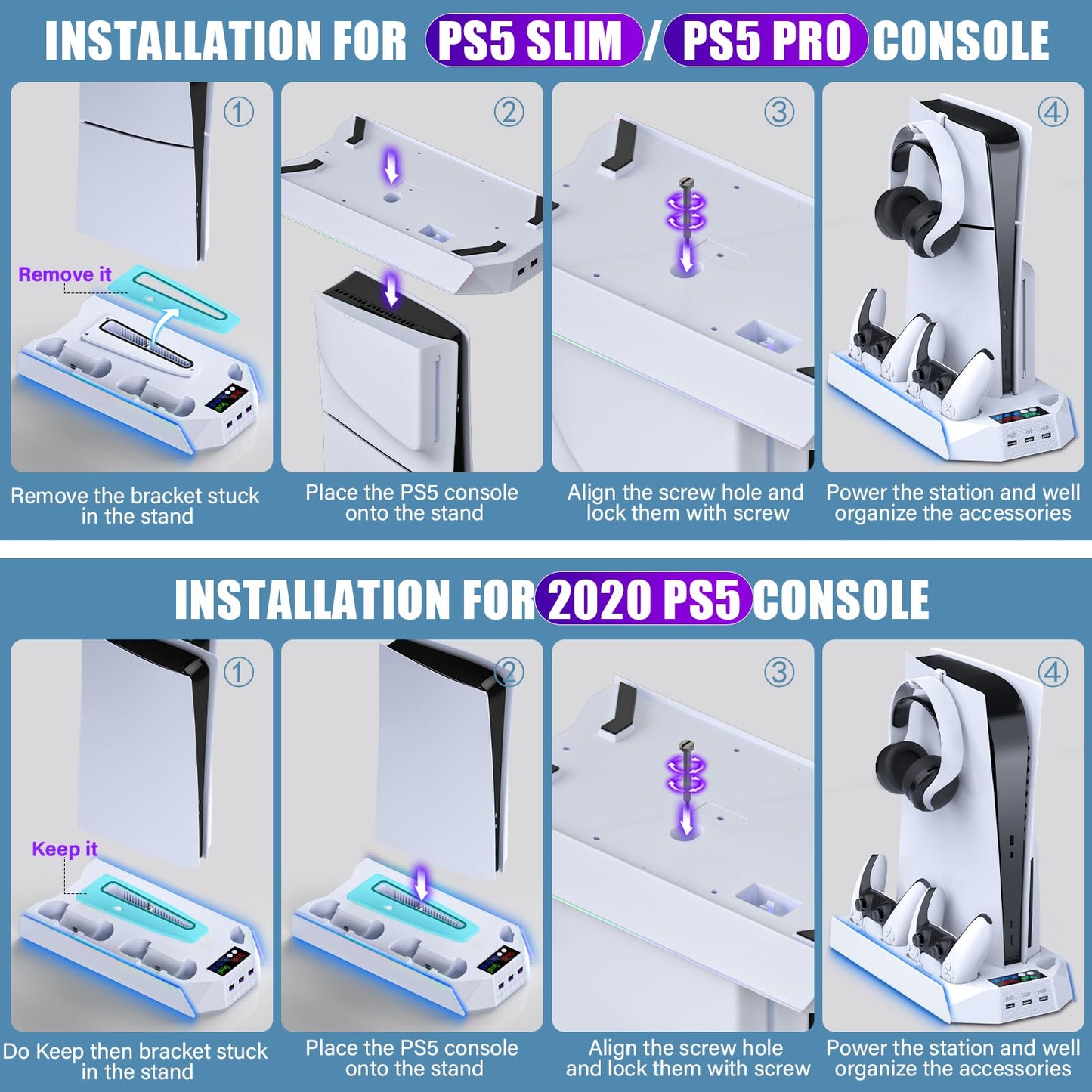 PS5 Pro Stand and Cooling Station with Dual Controller Charging Station for PS5 Console, PS5 Accessories Incl. Controller Charger, Cooling Fan, Headset Holder, 3 USB Hub, White