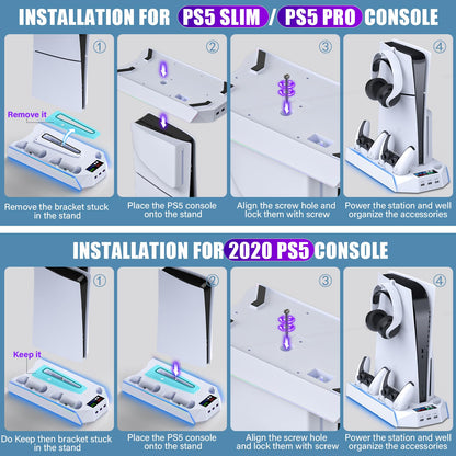 PS5 Pro Stand and Cooling Station with Dual Controller Charging Station for PS5 Console, PS5 Accessories Incl. Controller Charger, Cooling Fan, Headset Holder, 3 USB Hub, White