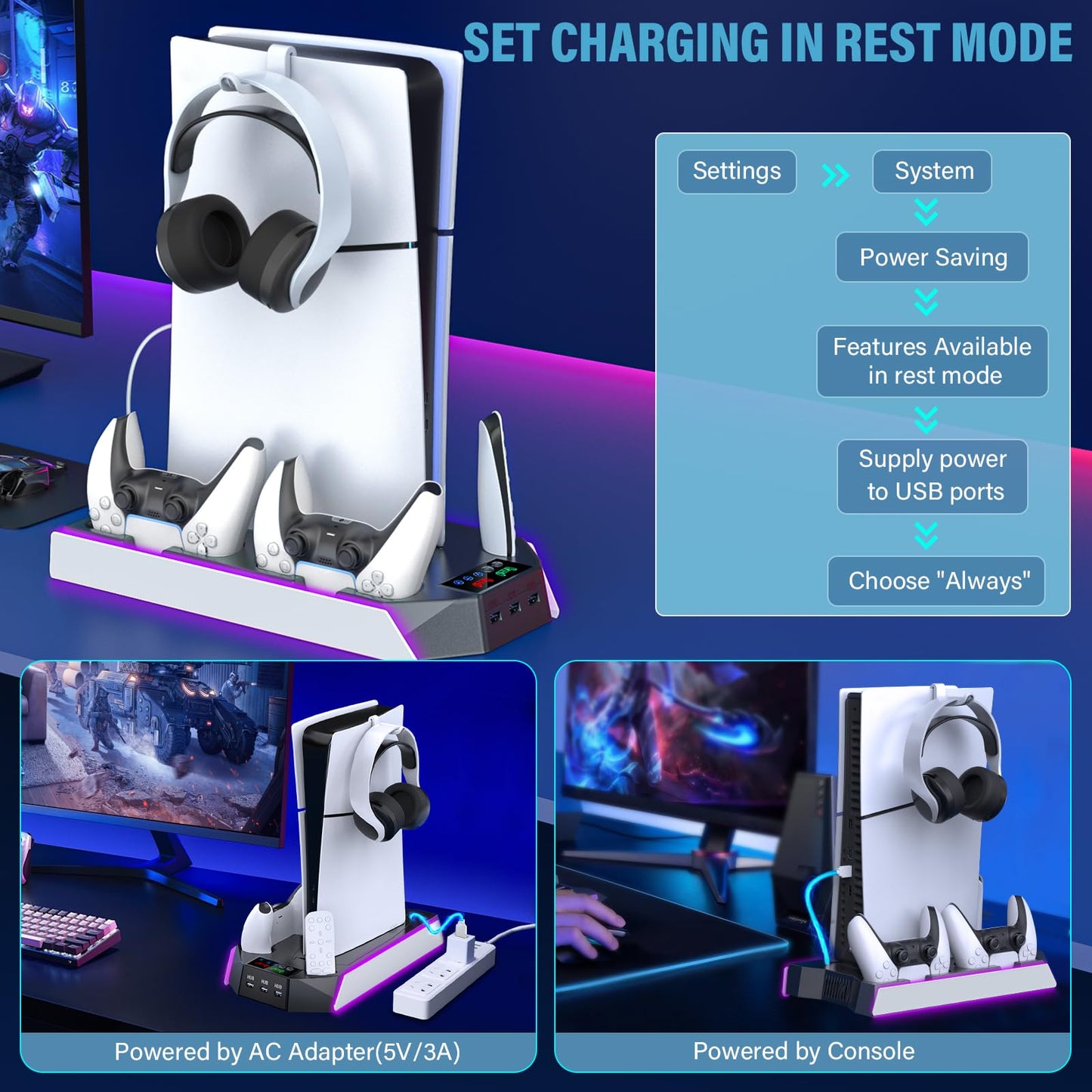 PS5 Pro Stand and Cooling Station with Dual Controller Charging Station for PS5 Console, PS5 Accessories Incl. Controller Charger, Cooling Fan, Headset Holder, 3 USB Hub, White