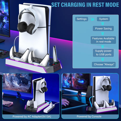 PS5 Pro Stand and Cooling Station with Dual Controller Charging Station for PS5 Console, PS5 Accessories Incl. Controller Charger, Cooling Fan, Headset Holder, 3 USB Hub, White