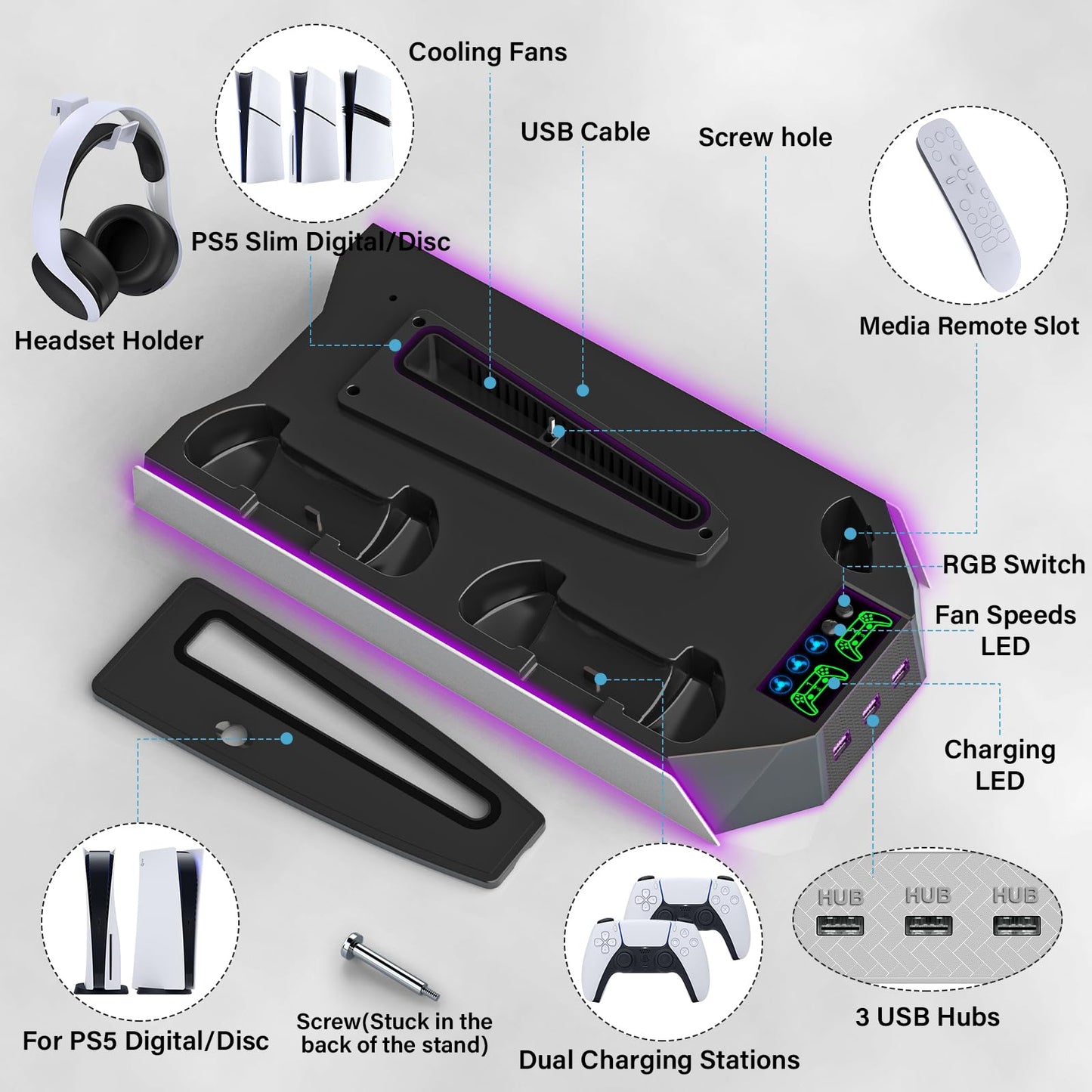 PS5 Pro Stand and Cooling Station with Dual Controller Charging Station for PS5 Console, PS5 Accessories Incl. Controller Charger, Cooling Fan, Headset Holder, 3 USB Hub, White