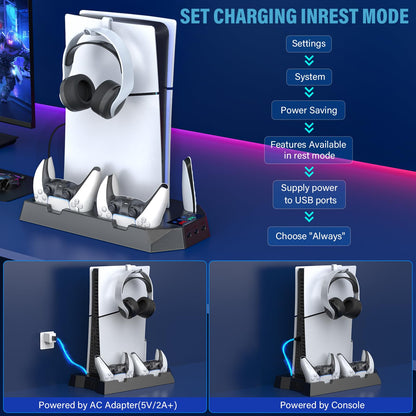 PS5 Pro Stand and Cooling Station with Dual Controller Charging Station for PS5 Console, PS5 Accessories Incl. Controller Charger, Cooling Fan, Headset Holder, 3 USB Hub, White