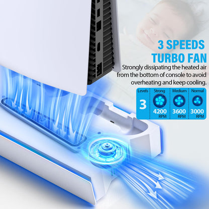 PS5 Pro Stand and Cooling Station with Dual Controller Charging Station for PS5 Console, PS5 Accessories Incl. Controller Charger, Cooling Fan, Headset Holder, 3 USB Hub, White