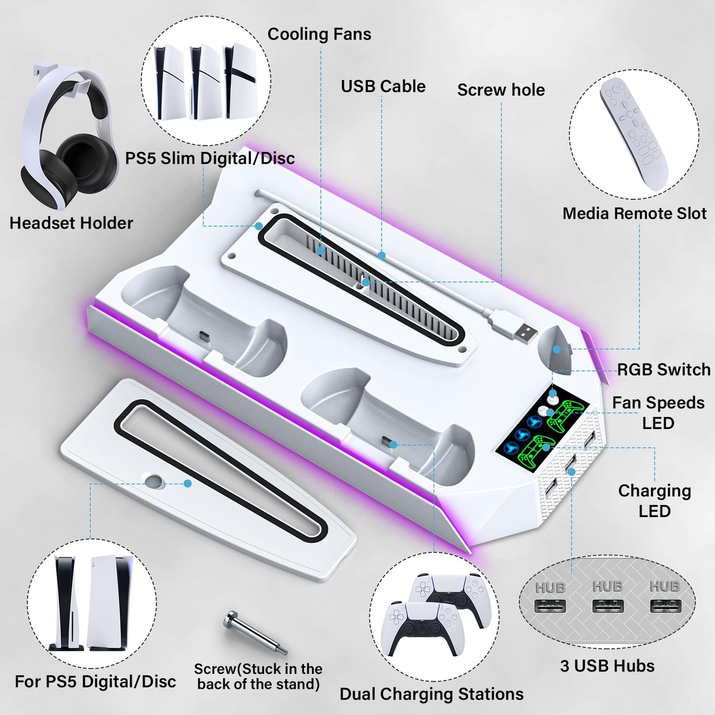 PS5 Pro Stand and Cooling Station with Dual Controller Charging Station for PS5 Console, PS5 Accessories Incl. Controller Charger, Cooling Fan, Headset Holder, 3 USB Hub, White