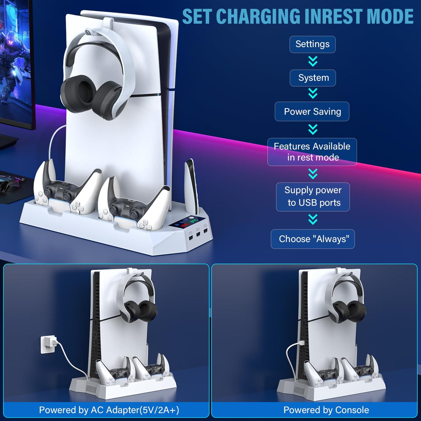 PS5 Pro Stand and Cooling Station with Dual Controller Charging Station for PS5 Console, PS5 Accessories Incl. Controller Charger, Cooling Fan, Headset Holder, 3 USB Hub, White