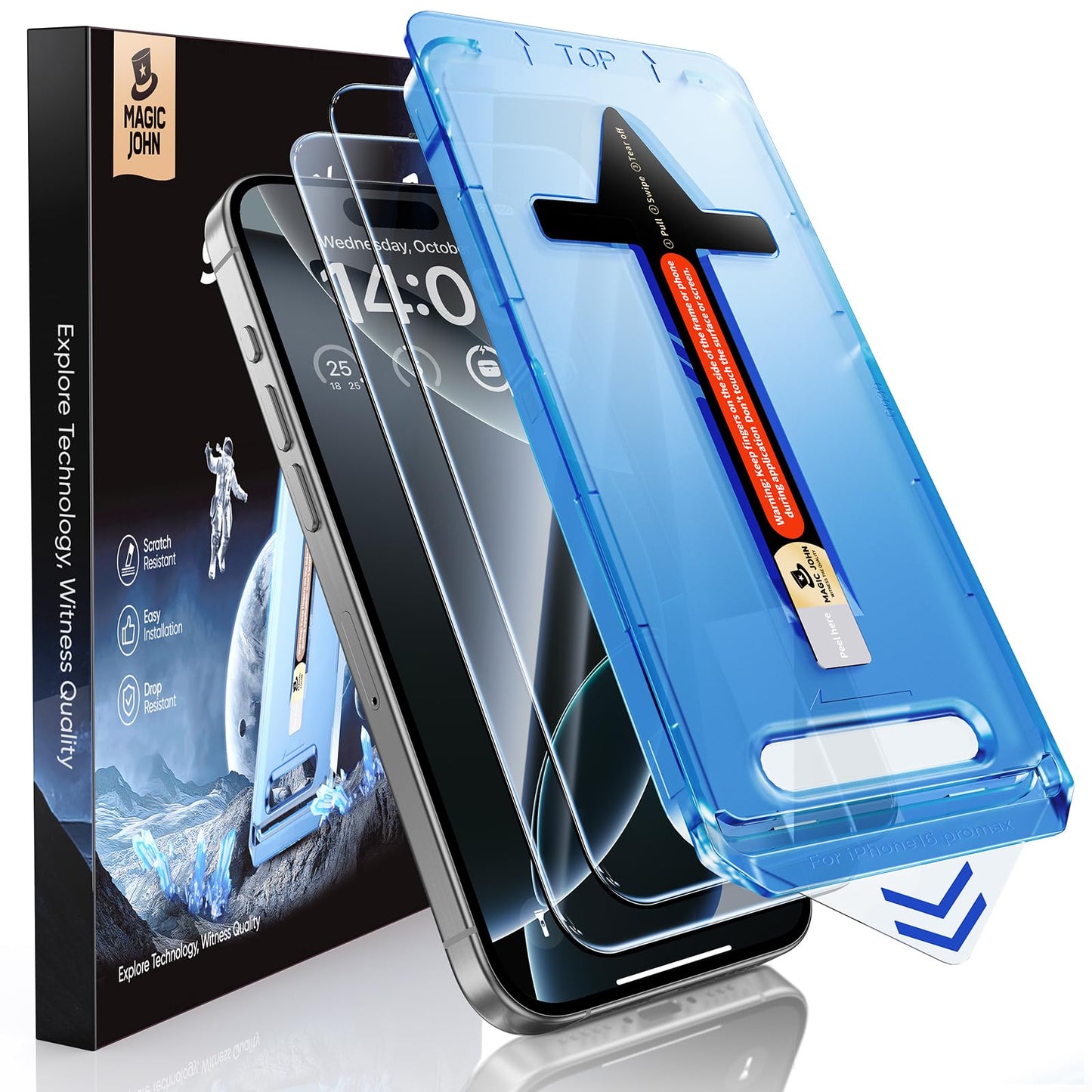 MAGIC JOHN 2 Pack for iPhone 16 Pro Max 6.9 inch Tempered Glass Screen Protector, HD Clear, Bubble Free, Easy Installation, Auto Dust-Elimination