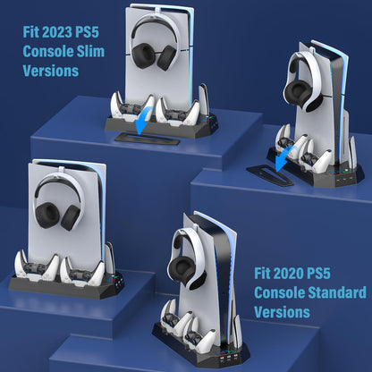 PS5 Pro Stand and Cooling Station with Dual Controller Charging Station for PS5 Console, PS5 Accessories Incl. Controller Charger, Cooling Fan, Headset Holder, 3 USB Hub, White