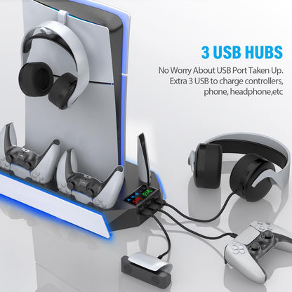 PS5 Pro Stand and Cooling Station with Dual Controller Charging Station for PS5 Console, PS5 Accessories Incl. Controller Charger, Cooling Fan, Headset Holder, 3 USB Hub, White