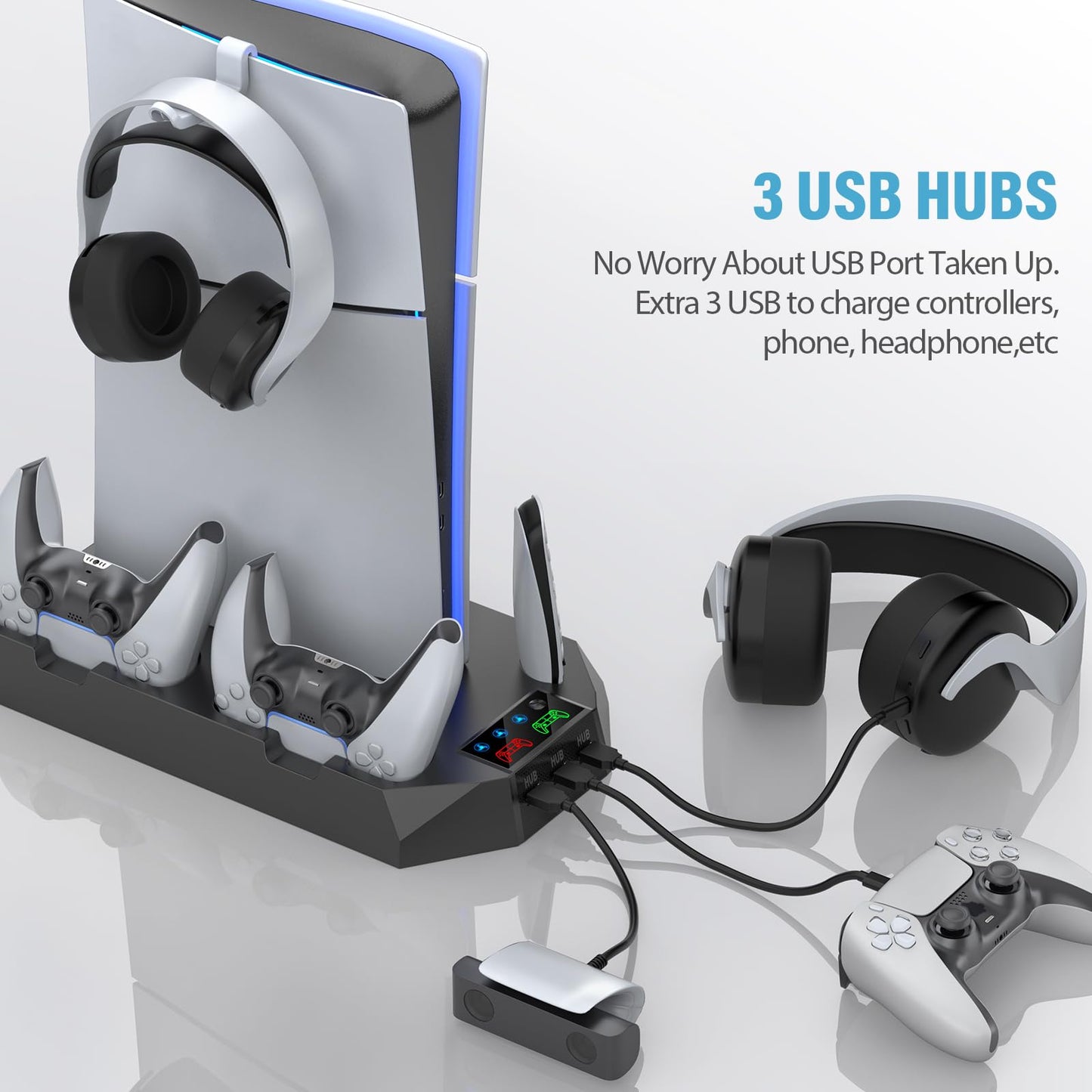 PS5 Pro Stand and Cooling Station with Dual Controller Charging Station for PS5 Console, PS5 Accessories Incl. Controller Charger, Cooling Fan, Headset Holder, 3 USB Hub, White