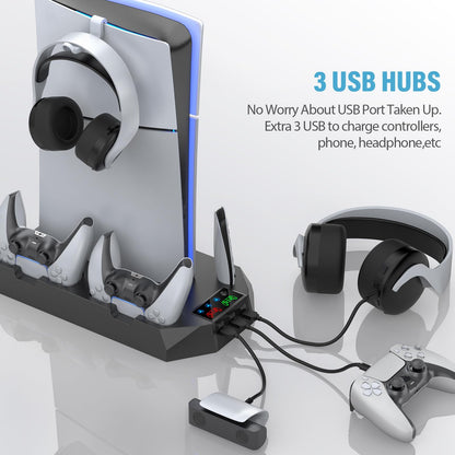PS5 Pro Stand and Cooling Station with Dual Controller Charging Station for PS5 Console, PS5 Accessories Incl. Controller Charger, Cooling Fan, Headset Holder, 3 USB Hub, White