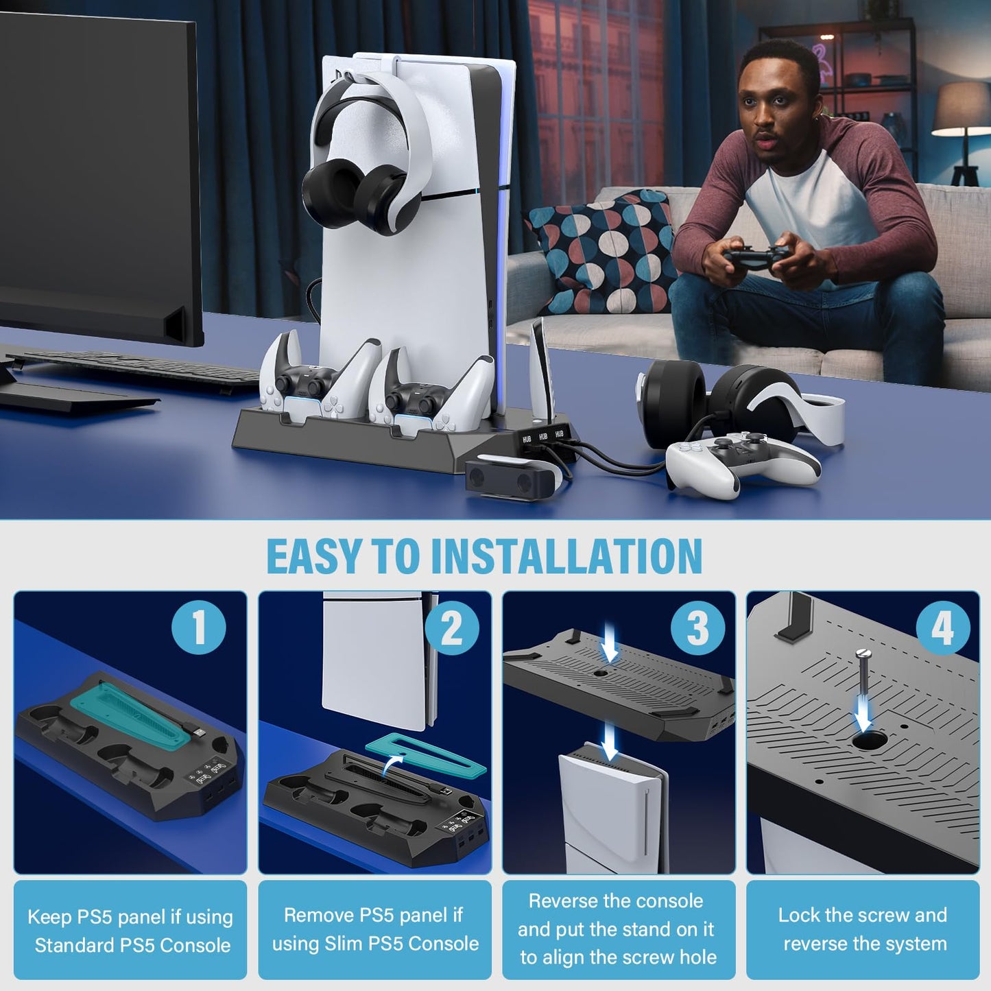 PS5 Pro Stand and Cooling Station with Dual Controller Charging Station for PS5 Console, PS5 Accessories Incl. Controller Charger, Cooling Fan, Headset Holder, 3 USB Hub, White