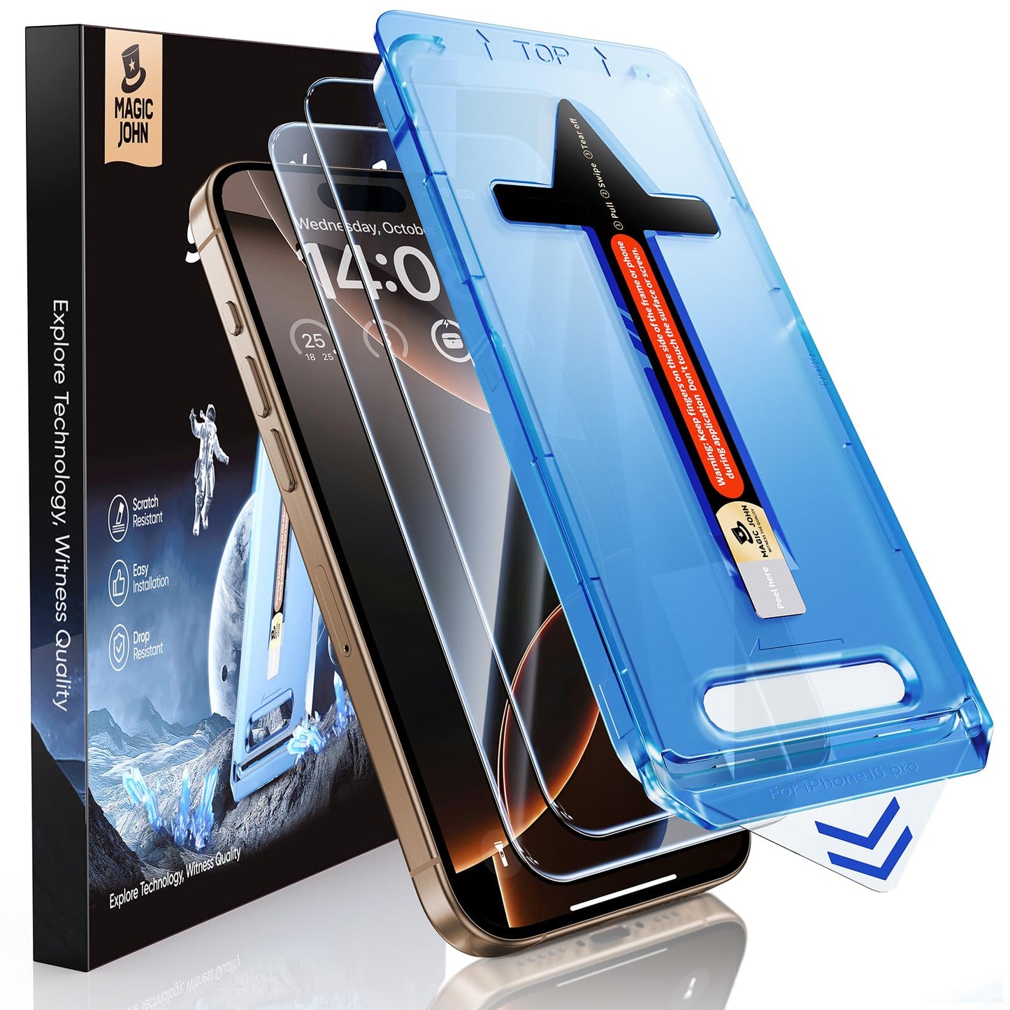 MAGIC JOHN 2 Pack for iPhone 16 Pro Max 6.9 inch Tempered Glass Screen Protector, HD Clear, Bubble Free, Easy Installation, Auto Dust-Elimination