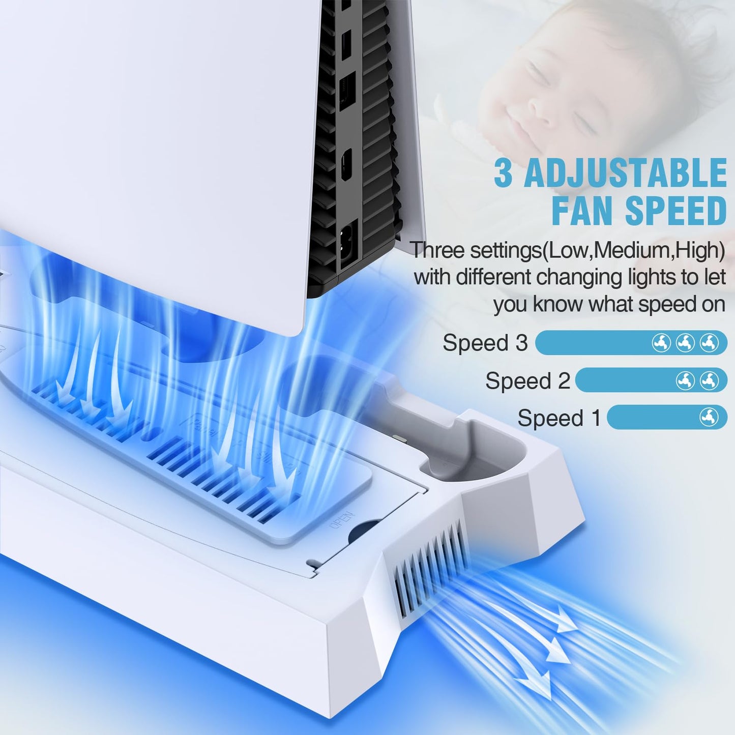 PS5 Pro Stand and Cooling Station with Dual Controller Charging Station for PS5 Console, PS5 Accessories Incl. Controller Charger, Cooling Fan, Headset Holder, 3 USB Hub, White