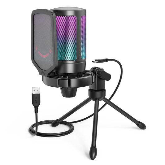Gaming USB Microphone for PC PS5, Condenser Mic with Quick Mute, RGB Indicator, Tripod Stand, Pop Filter, Shock Mount, Gain Control for Streaming Discord Twitch Podcasts Videos- AmpliGame