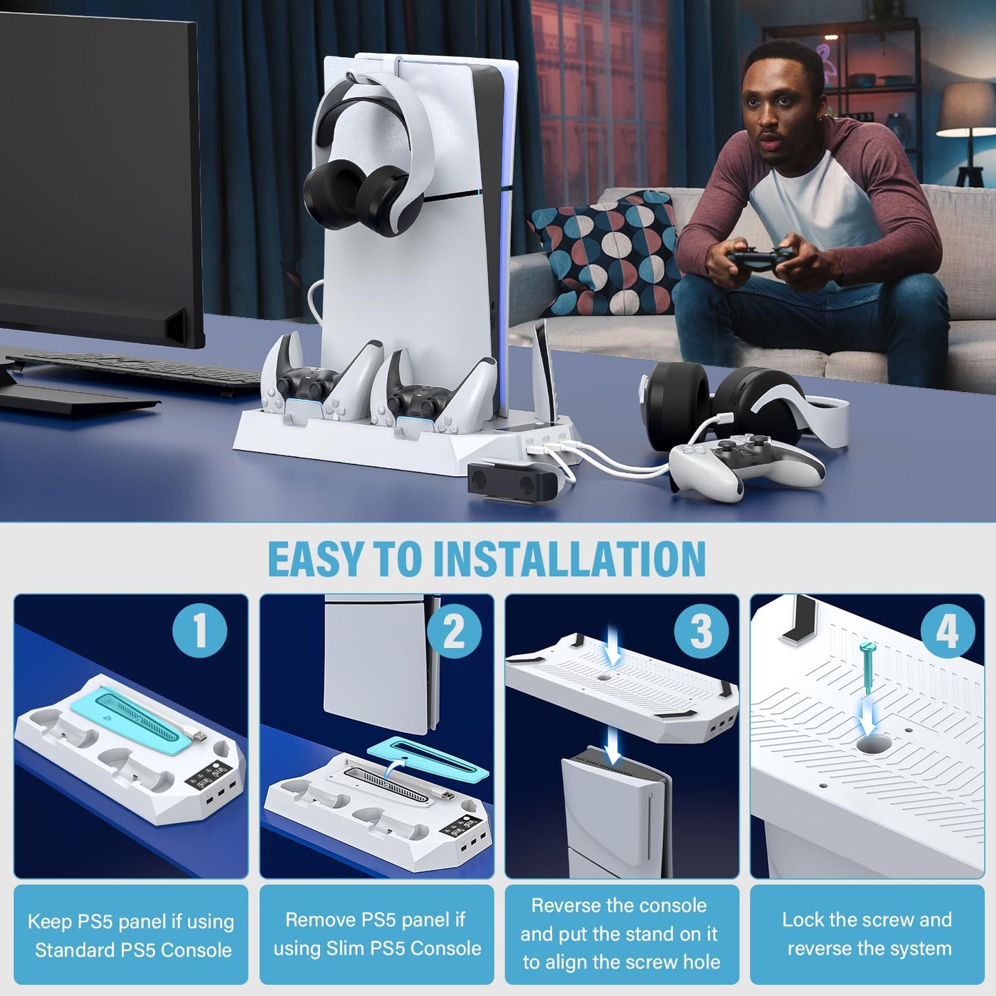 PS5 Pro Stand and Cooling Station with Dual Controller Charging Station for PS5 Console, PS5 Accessories Incl. Controller Charger, Cooling Fan, Headset Holder, 3 USB Hub, White