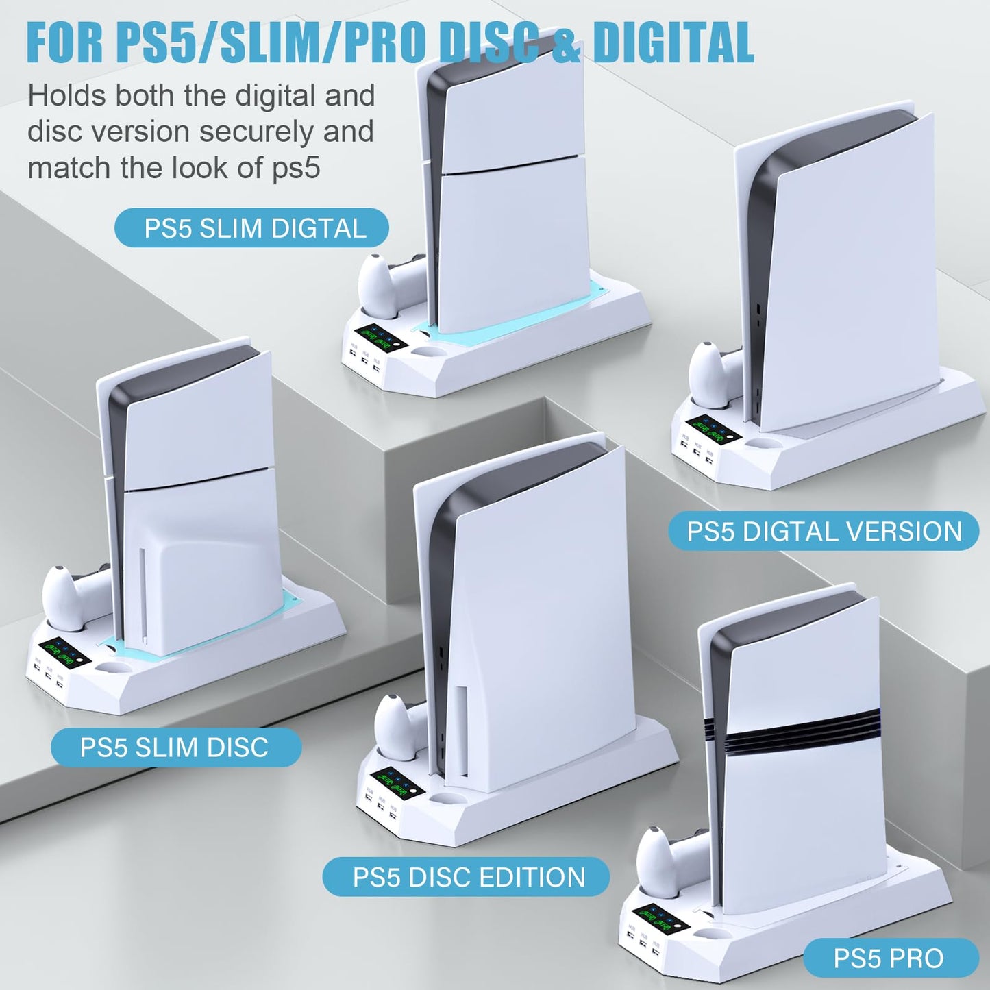 PS5 Pro Stand and Cooling Station with Dual Controller Charging Station for PS5 Console, PS5 Accessories Incl. Controller Charger, Cooling Fan, Headset Holder, 3 USB Hub, White