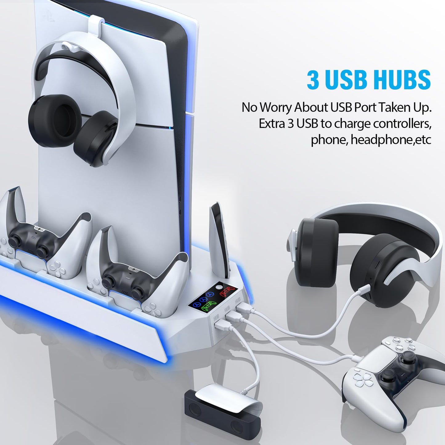PS5 Pro Stand and Cooling Station with Dual Controller Charging Station for PS5 Console, PS5 Accessories Incl. Controller Charger, Cooling Fan, Headset Holder, 3 USB Hub, White