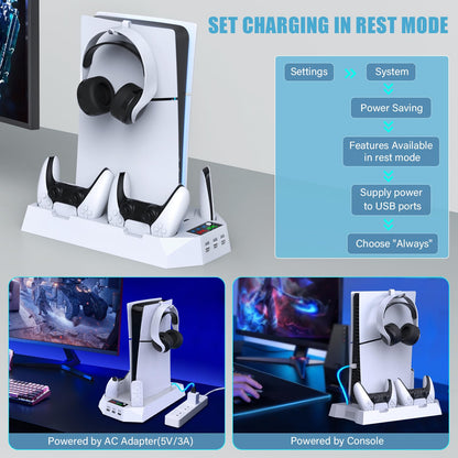 PS5 Pro Stand and Cooling Station with Dual Controller Charging Station for PS5 Console, PS5 Accessories Incl. Controller Charger, Cooling Fan, Headset Holder, 3 USB Hub, White