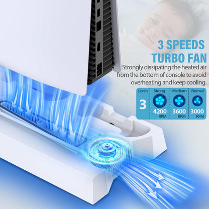 PS5 Pro Stand and Cooling Station with Dual Controller Charging Station for PS5 Console, PS5 Accessories Incl. Controller Charger, Cooling Fan, Headset Holder, 3 USB Hub, White