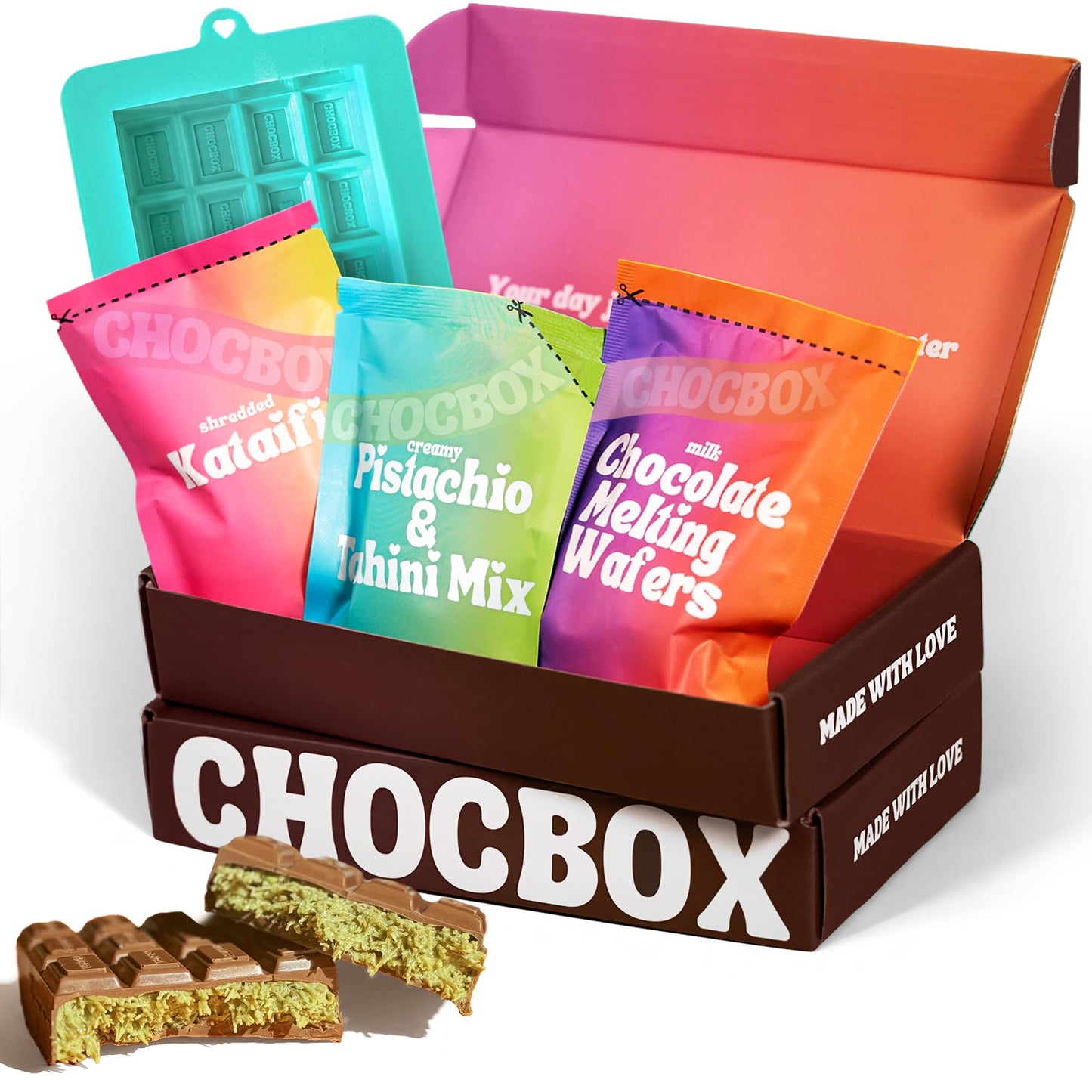 Chocabox Viral Dubai Milk Chocolate Bar Kit - Includes Chocolate Mold, Choc Wafers, Shredded Kataifi, Pistachio Cream - DIY Gift Box Dubai Kit - Great Gift