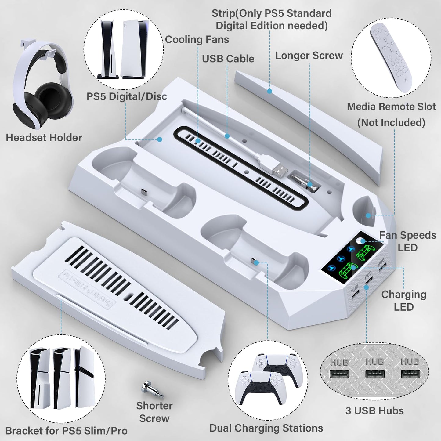PS5 Pro Stand and Cooling Station with Dual Controller Charging Station for PS5 Console, PS5 Accessories Incl. Controller Charger, Cooling Fan, Headset Holder, 3 USB Hub, White