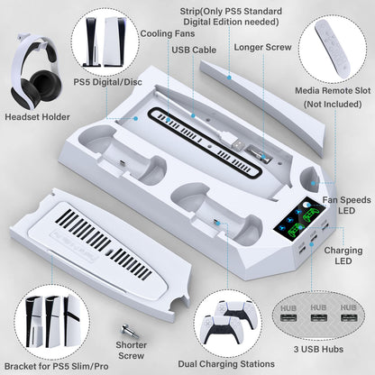 PS5 Pro Stand and Cooling Station with Dual Controller Charging Station for PS5 Console, PS5 Accessories Incl. Controller Charger, Cooling Fan, Headset Holder, 3 USB Hub, White