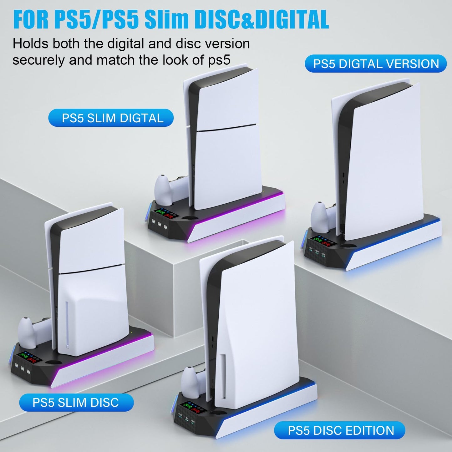 PS5 Pro Stand and Cooling Station with Dual Controller Charging Station for PS5 Console, PS5 Accessories Incl. Controller Charger, Cooling Fan, Headset Holder, 3 USB Hub, White