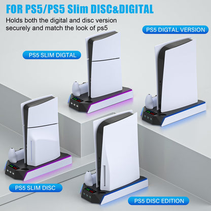 PS5 Pro Stand and Cooling Station with Dual Controller Charging Station for PS5 Console, PS5 Accessories Incl. Controller Charger, Cooling Fan, Headset Holder, 3 USB Hub, White