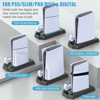 PS5 Pro Stand and Cooling Station with Dual Controller Charging Station for PS5 Console, PS5 Accessories Incl. Controller Charger, Cooling Fan, Headset Holder, 3 USB Hub, White