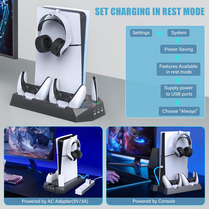 PS5 Pro Stand and Cooling Station with Dual Controller Charging Station for PS5 Console, PS5 Accessories Incl. Controller Charger, Cooling Fan, Headset Holder, 3 USB Hub, White