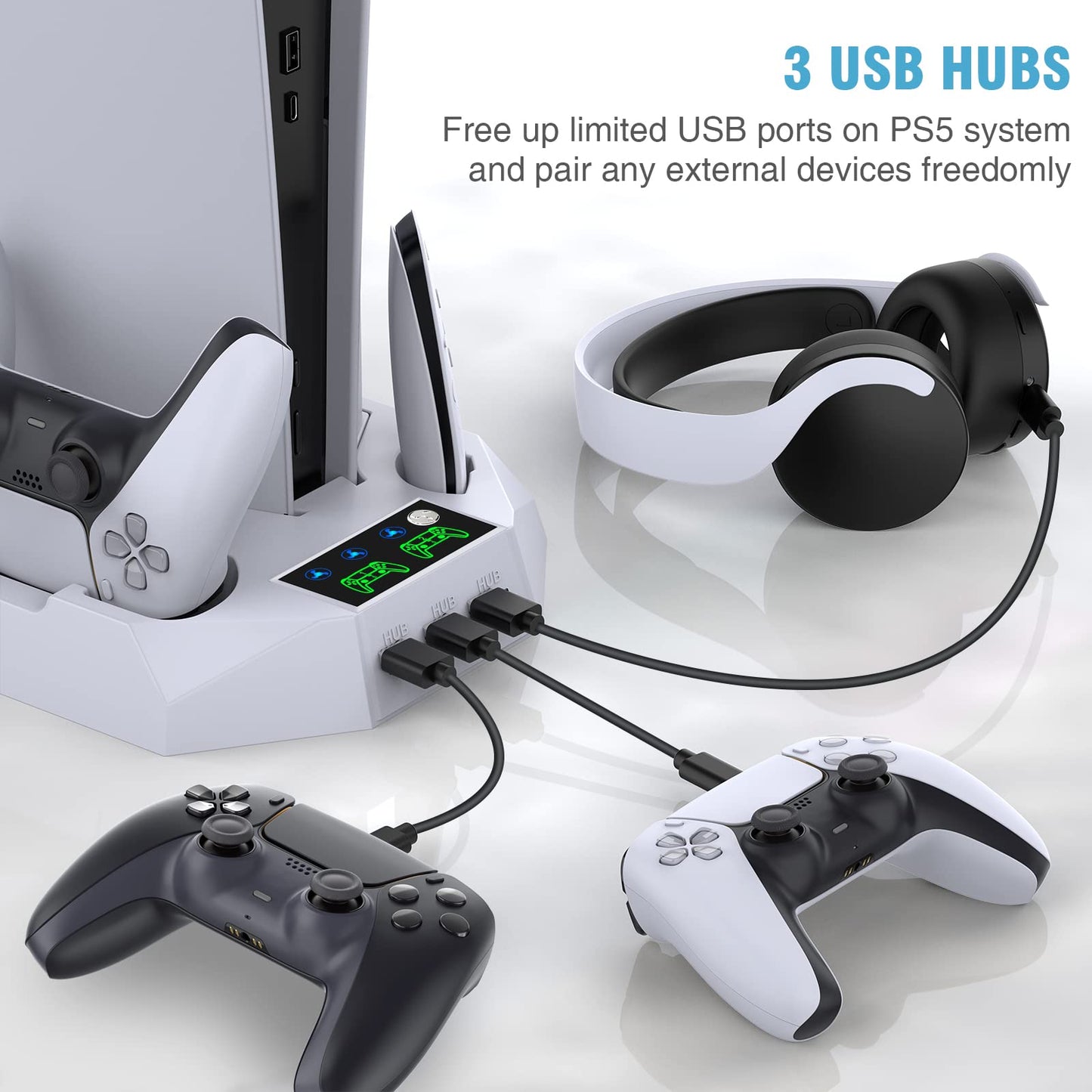 PS5 Pro Stand and Cooling Station with Dual Controller Charging Station for PS5 Console, PS5 Accessories Incl. Controller Charger, Cooling Fan, Headset Holder, 3 USB Hub, White