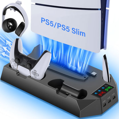 PS5 Pro Stand and Cooling Station with Dual Controller Charging Station for PS5 Console, PS5 Accessories Incl. Controller Charger, Cooling Fan, Headset Holder, 3 USB Hub, White